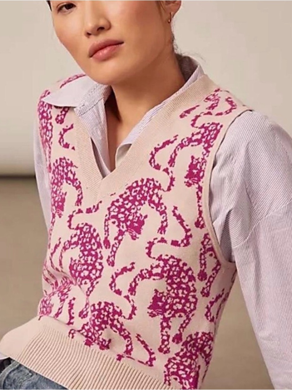 Mauve Cream and Fuchsia Leopard V-Neck Sweater Vest